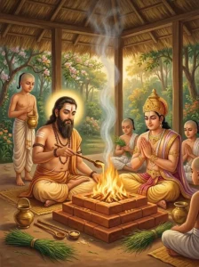 A brahmana priest and a king performing a sacred fire sacrifice for Varṇāśrama Dharma.