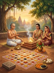 A Hindu priest and householder performing the Vāstu Pūjā over a consecrated sacred grid on a newly prepared building site