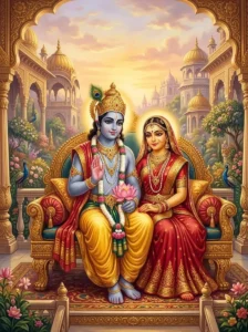 Kṛshṇa and Rādhā seated on a golden throne in the celestial city of Goloka from the Vāsudeva Māhātmya.