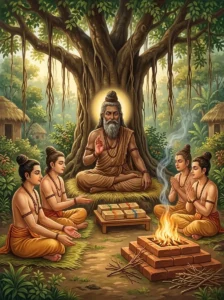 Sage Veda Vyāsa transmitting the four divided Vedas to his four disciples Paila, Vaishampayana, Jaimini, and Sumantu