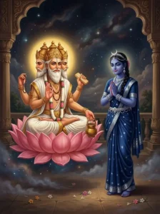 The four-headed creator Brahma instructing the dark-skinned goddess Vibhavari, the personification of luminous night