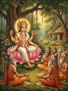 Brahmā teaches great ṛshis about Vibhūti-Vicāra and Bhūtaguṇa-Vivecana in a divine glow.