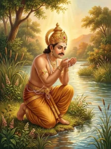 King Vidaruna of Campaka kneels to drink the sacred healing waters of the Vetravati river.