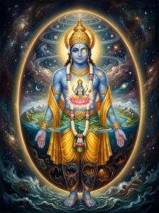 The Virat Purusha, the cosmic universal form of Vishṇu containing the fourteen worlds of creation within his body