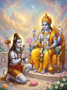 Bhagavān Vishṇu sits on a divine seat while Parameśvara Śiva kneels reverently before him.