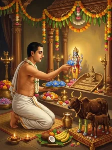 A male worshipper dressed in white performing the Visoka Dvadasi ritual before the altar of Vishṇu and Lakshmī