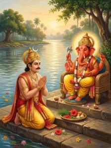 King Viśvadatta kneels in devotion on a riverbank as the radiant Gaṇeśa bestows his divine grace.