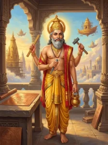 Viśvakarmā holding architectural tools in his celestial workshop with copper plans.