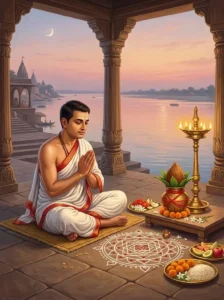 A Hindu householder performs a tithi vrata puja before a consecrated altar representing the devas of the lunar days