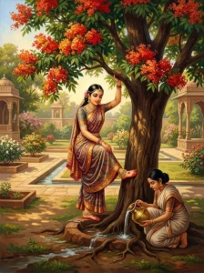 A noblewoman performs the dohada nourishment rite for an asoka tree in the Vishṇu Dharmottara Purāṇa.