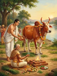 A householder and a priest performing the Vedic rite of Vrishotsarga by consecrating and releasing an auspicious bull