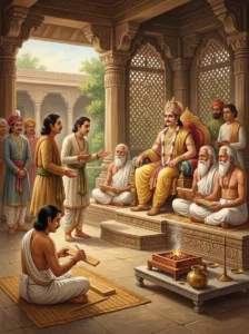 A righteous king presiding over a formal court of law to hear a dispute according to vyavahāra