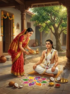 A brother and his sister performing the Yamadvitiya ritual in a traditional home courtyard