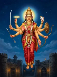 The goddess Yogamāyā hovers in her serene eight-armed divine form against a midnight-blue sky.