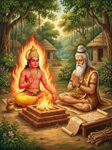 The fire god Agni instructs the sage Vasishṭha in the sacred science of warfare and victory
